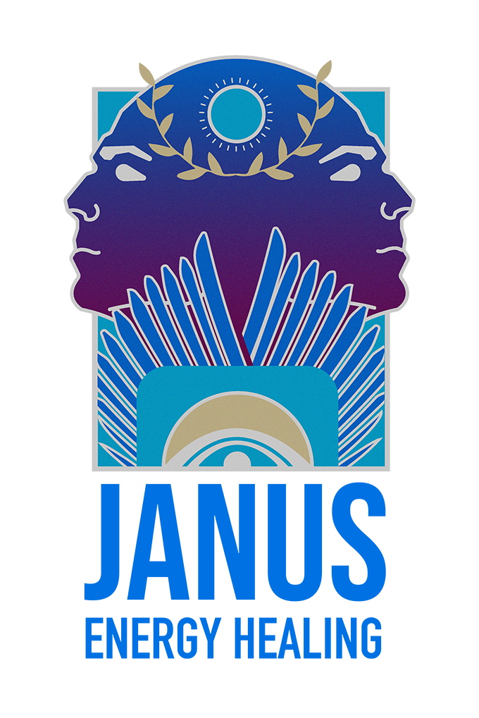 The logo for Janus Energy Healing illustrates the 2 faces of the Roman god Janus with an image of an eye surrounded by wings.  Janus Energy Healing offers Distance Reiki Tuning Fork Sessions.