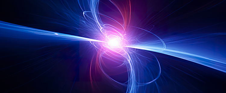 An image depicting blue and pink light interacting which illustrates how atoms act when they are entangled in the quantum field, much like the entanglement that occurs during distance reiki energy healing sessions with tuning foks.