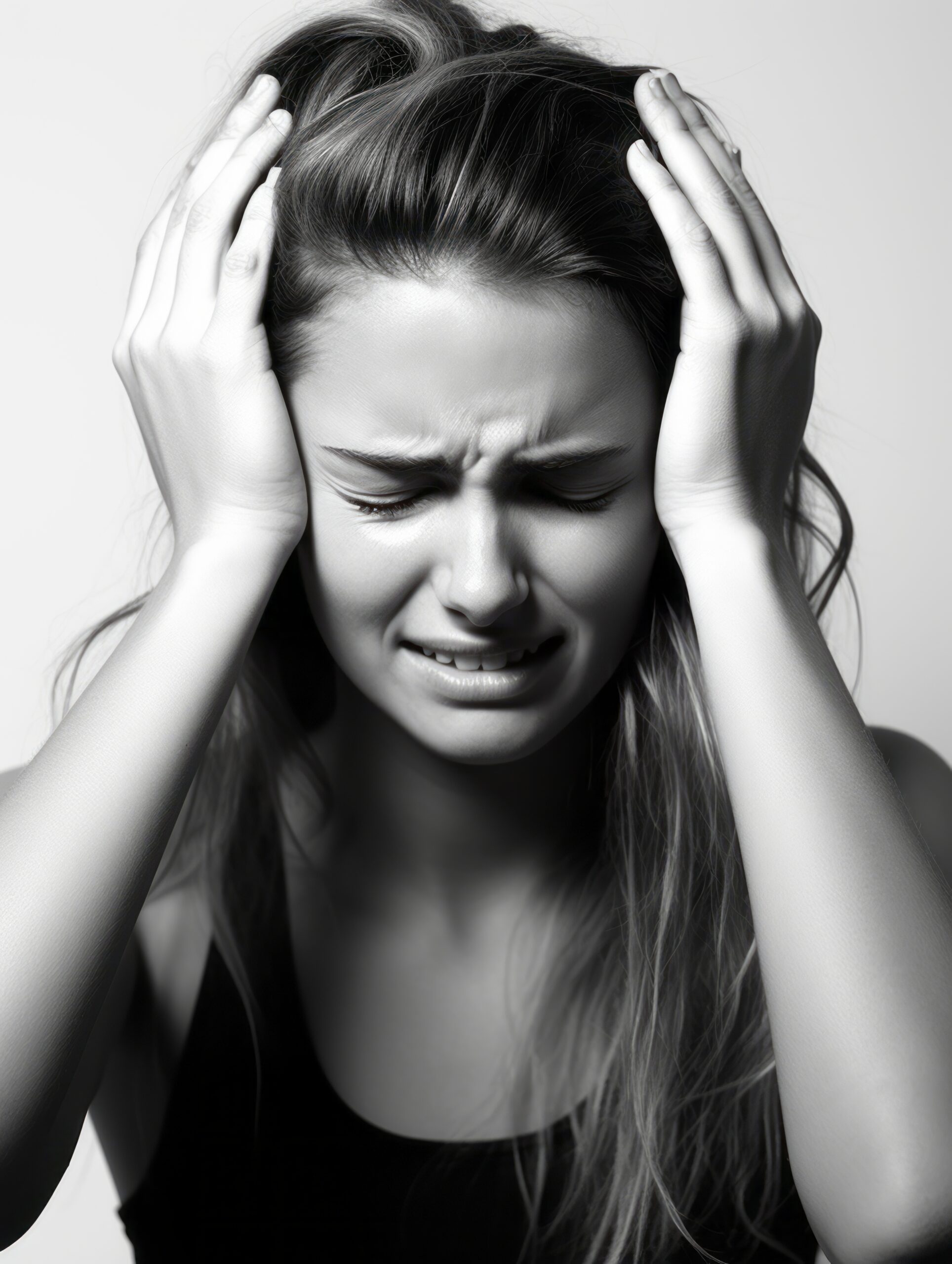 An image illustrating a stressful situation. the woman is holding her hands up to her head and making a face that indicates stress.