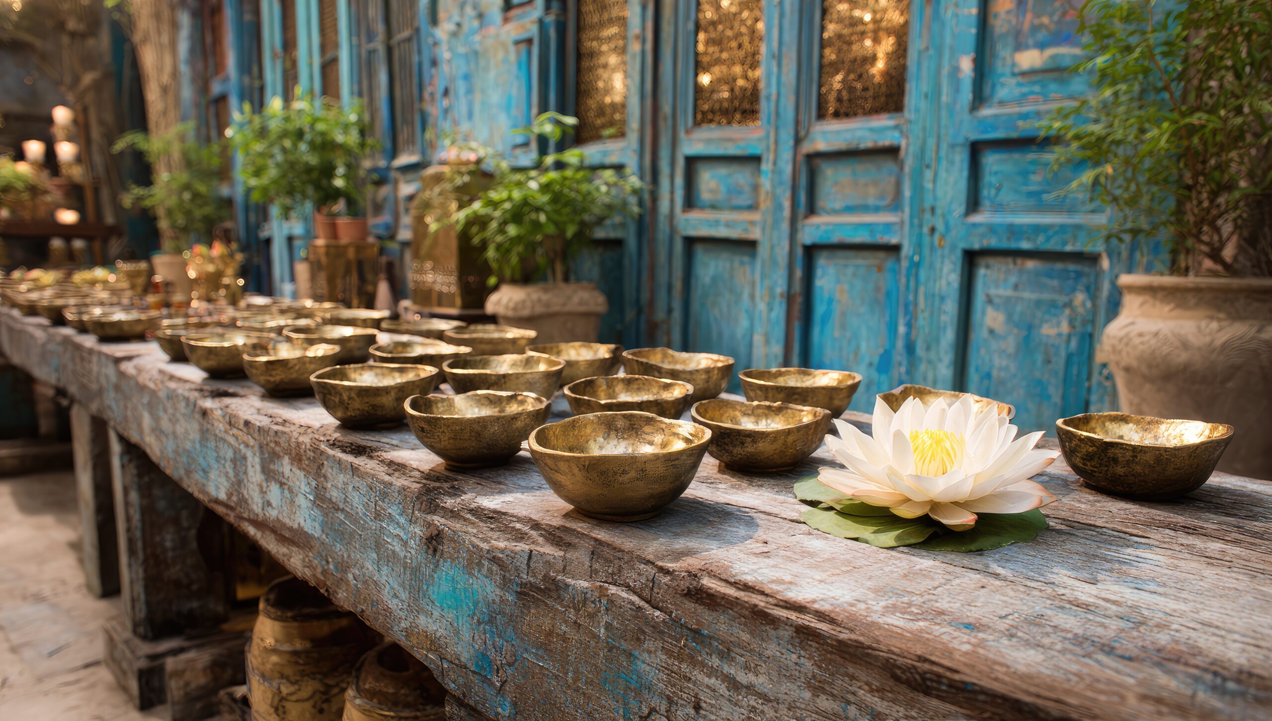 Tibetan singing bowls on a table with a lotus symbolizing renewal.